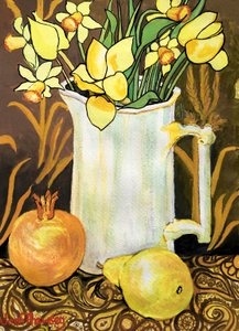 Tulpen en Narcissen in een Witte Kan, met Textiel, Granaatappel en Peer door Joan Thewsey