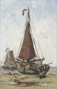 Vissersboot met stompe boeg op het strand door Joannes Barnardus Antonius Maria Westerwoudt