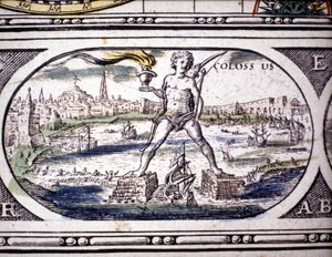 Voorstelling van de Zeven Wonderen van de Oudheid: de Kolossus van Rhodos. in de Atlas van Jansson Jannsonius gedrukt in Amsterdam in 1630. Privécollectie door Joannes Jansson