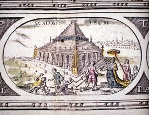 Voorstelling van de zeven wonderen van de oudheid: het Mausoleum van Halicarnassus. in de Atlas van Jansson Jannsonius gedrukt in Amsterdam in 1630. Privécollectie. door Joannes Jansson