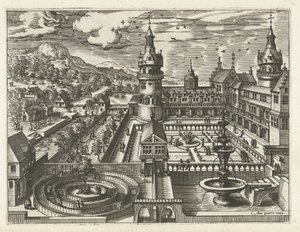 Kasteel met doolhof en fontein door Joannes van Doetechum (I) (attributed to)