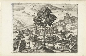 Landschap met stadje aan rivier door Joannes van Doetechum (I) (attributed to)