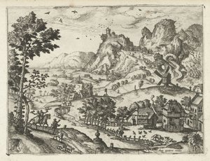 Landschap met valkenjacht door Joannes van Doetechum (I) (attributed to)