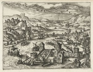 Rivierlandschap met waterburcht