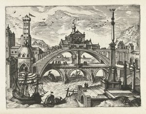 Stad met bebouwde brug