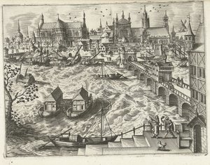 Stadsgezicht met brug en haven