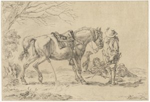 Ruiter naast pissend paard