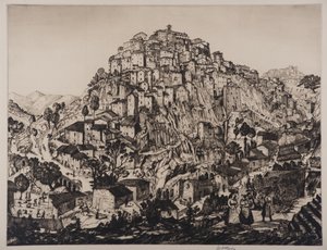 Uitzicht op Anticoli Corrado met boerinnen op de voorgrond