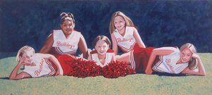 Junior High School cheerleaders op het gras