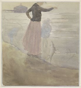 Vrouw met twee kinderen en een hondje aan het strand