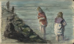 Vrouw met twee kinderen langs de waterkant door Johan Antonie de Jonge
