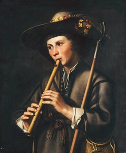 Een herder die op de pijpen speelt