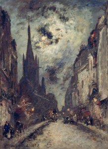 De Rue St. Jacques met de kerk St. Séverin bij maanlicht