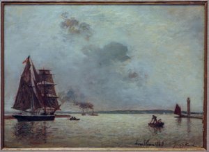 Ingang van de haven van Honfleur bij zonsopgang