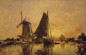 In Holland, Boten bij een Windmolen, 1868 door Johan Barthold Jongkind