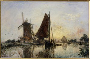 In Holland. Schepen bij een molen