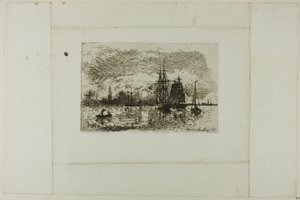 Ondergaande zon, haven van Antwerpen door Johan Barthold Jongkind
