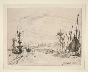 Vue du Port au Chemin de Fer ? Honfleur (Uitzicht op de haven vanaf de spoorweg in Honfleur) door Johan Barthold Jongkind