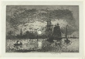 Zonsondergang bij de haven van Antwerpen door Johan Barthold Jongkind