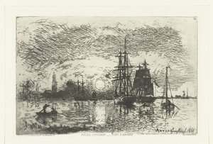 Zonsondergang bij de haven van Antwerpen door Johan Barthold Jongkind