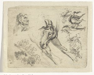 Studieblad met paarden, een man en een tak door Johan Bernard Scheffer