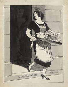 Ontwerp voor illustratie in De Amsterdammer: De Nederlandse Maagd als dienstmeid met een blad glazen struikelt over het afstapje Verkiezingen (17 Mei 1924) door Johan Braakensiek