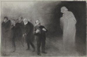Ontwerp voor illustratie in De Amsterdammer: Het vergeten van Schimmel in de Nieuwjaarswens van de Stadsschouwburg, 13 januari 1907 door Johan Braakensiek
