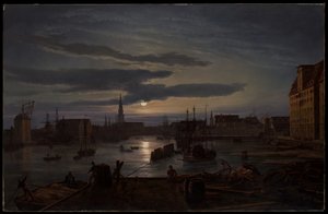 De haven van Kopenhagen bij maanlicht door Johan Christian Dahl