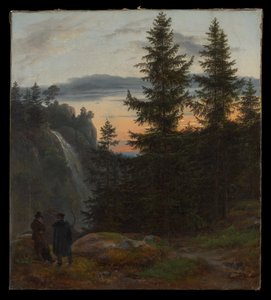Twee mannen voor een waterval bij zonsondergang door Johan Christian Dahl