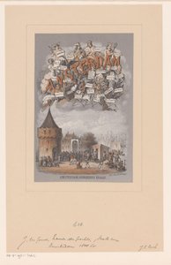 Omslag voor: Amsterdam. Oorsprong en afleiding van de namen der grachten, eilanden, pleinen, straten, stegen, bruggen, sluizen en torens dezer stad door Johan Coenraad Leich