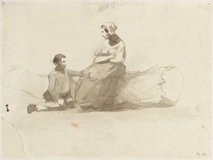 Vrouw op een boomstam en een jongen met een boek