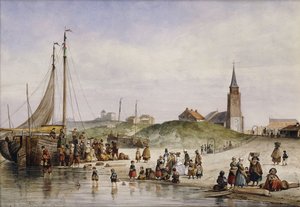 Vissersvolk op een strand met een stad op de achtergrond, 1857 door Johan Gerard Smits