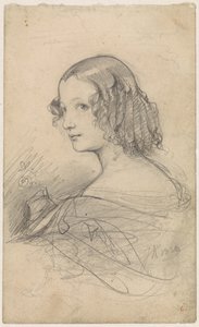 Portret van een jonge vrouw met pijpenkrullen, naar links door Johan Hendrik Koelman