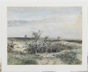 Gezicht op het Dekkersduin, met oude gasfabriek en molen in het verschiet