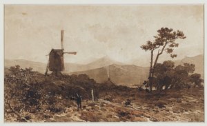 Heuvellandschap met links een molen door Johan Hendrik Weissenbruch