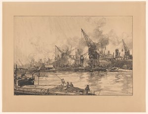 Gezicht op de haven van Rotterdam, met verschillende kranen