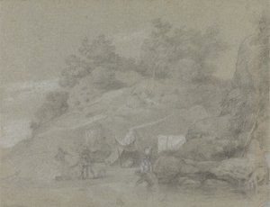 Een rivier bij een rotsachtige oever met figuren, mogelijk in India door Johan Joseph Zoffany