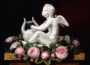 Guirlande van roze rozen rond Cupido die een lier speelt op een marmeren richel, 1841
