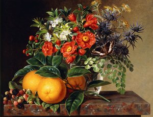 Sinaasappels, bramen en een vaas met bloemen op een richel, 1834