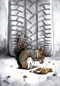 Eekhoorn bij een bandenspoor door Johan Liewendahl