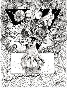 Surrealistische bloemenweerspiegeling in de hand door Johan Liewendahl
