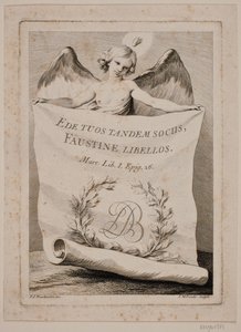 Titelgravure met een engel die een groot papier vasthoudt door Johan Martin Preisler