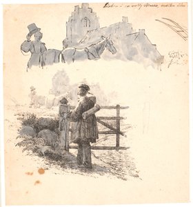 Avondtijd. Studie van de boer bij de kerk. Illustratie voor Kaalunds "Fabler for Børn". door Johan Thomas Lundbye