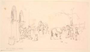Boeren buiten een kaasmakerij