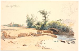 Gedeeltelijk opgedroogde rivierbedding met brug, bovenaan twee penstudies van een meisje van achteren gezien