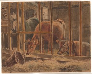 Het interieur van een stal met een wit paard en twee koeien door Johan Thomas Lundbye