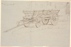 Een oogstwagen met een kakelende kip op de dissel