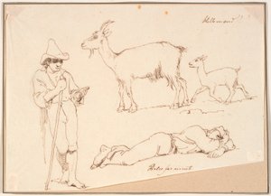 Een herder, een geit met haar jong en een liggende man