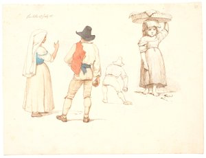 Vier figuurstudies. Staande vrouw en staande bocciaspeler, een bocciaspeler die aan het gooien is en een klein meisje met een mand op haar hoofd door Johan Thomas Lundbye