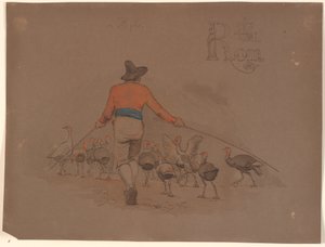 Italiaan die een kudde kalkoenen voortdrijft met behulp van bamboestokken door Johan Thomas Lundbye